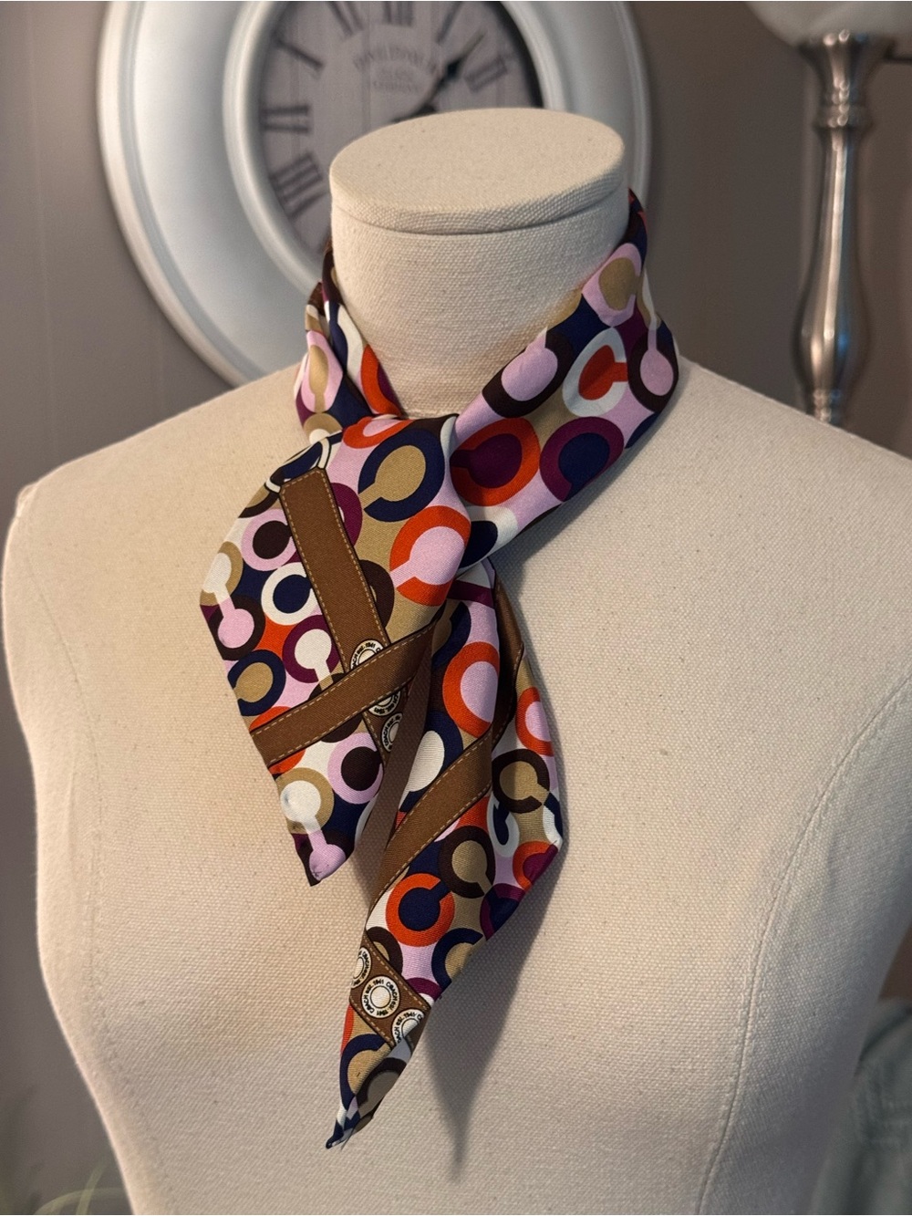 Coach Multicolor Logo Silk-Style Square Scarf with Brown Trim